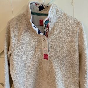 Joules Women’s Cream Sherpa Fleece with Button Detail Size 10 Elbow Patches Boho